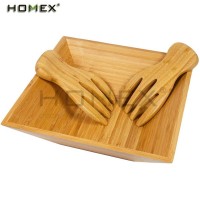 Bamboo Salad Bowl with 2 Piece Salad Hands Server Set Modern Square Bowl/Homex_FSC/BSCI Factory